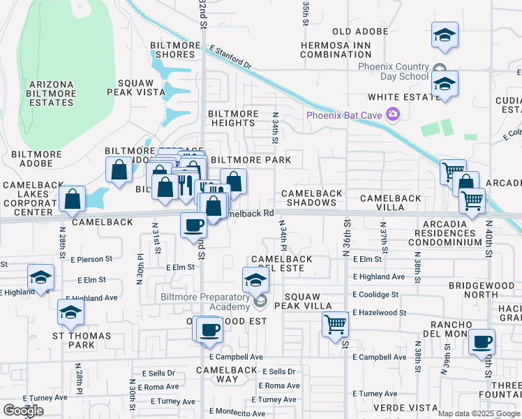 map of restaurants, bars, coffee shops, grocery stores, and more near 3344 North 33rd Place in Phoenix