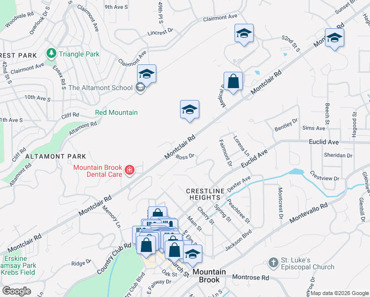 map of restaurants, bars, coffee shops, grocery stores, and more near 173 Ross Drive in Birmingham
