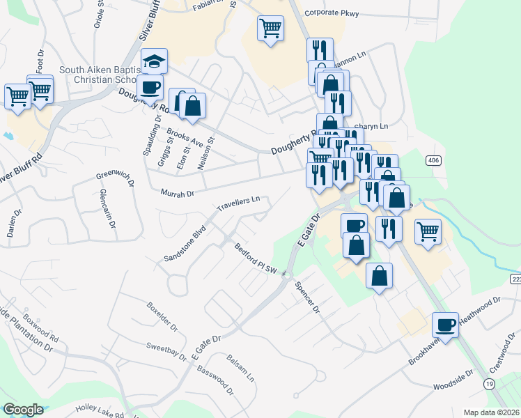 map of restaurants, bars, coffee shops, grocery stores, and more near 128 Shelby Drive in Aiken