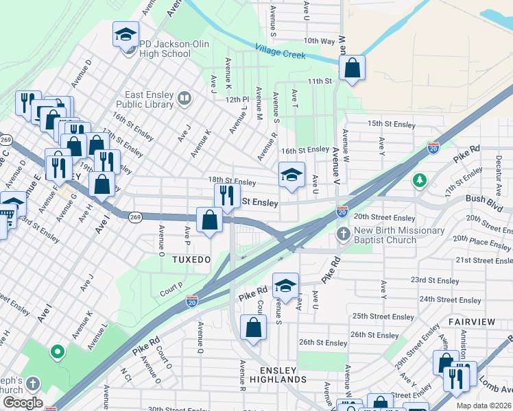 map of restaurants, bars, coffee shops, grocery stores, and more near 1831 19th Street Ensley in Birmingham