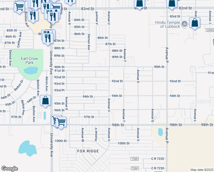 map of restaurants, bars, coffee shops, grocery stores, and more near 2103 93rd Street in Lubbock