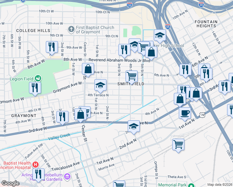 map of restaurants, bars, coffee shops, grocery stores, and more near 226 4th Terrace North in Birmingham