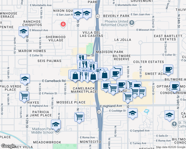 map of restaurants, bars, coffee shops, grocery stores, and more near 1720 East Camelback Road in Phoenix