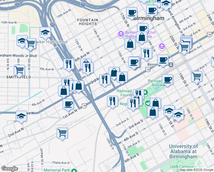 map of restaurants, bars, coffee shops, grocery stores, and more near 1201 2nd Avenue North in Birmingham