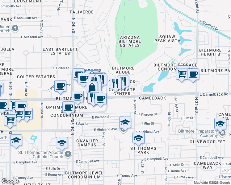 map of restaurants, bars, coffee shops, grocery stores, and more near 2650 East Camelback Road in Phoenix