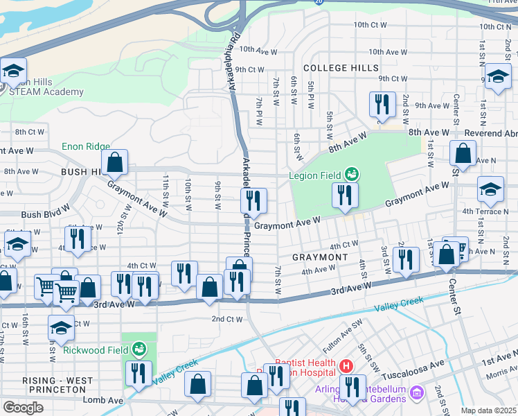 map of restaurants, bars, coffee shops, grocery stores, and more near 725 6th Ave W in Birmingham