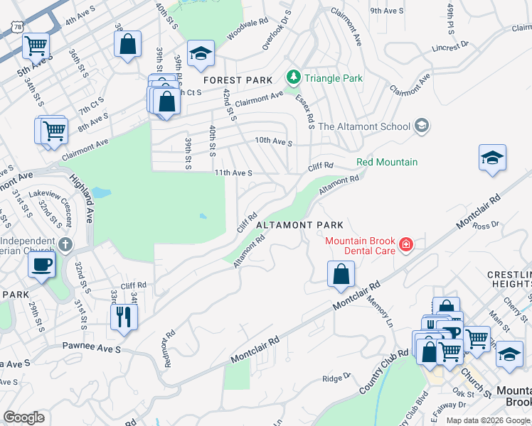 map of restaurants, bars, coffee shops, grocery stores, and more near 4149 Cliff Road in Birmingham