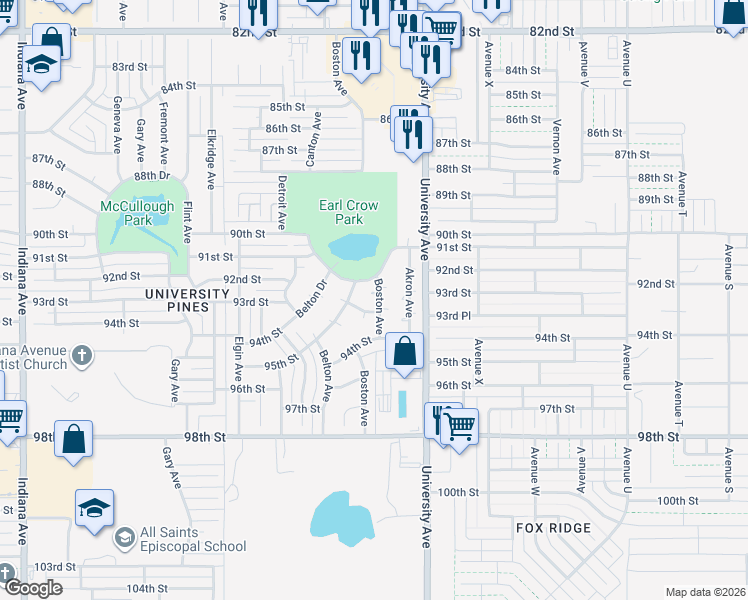map of restaurants, bars, coffee shops, grocery stores, and more near 9110 Boston Avenue in Lubbock