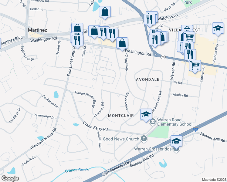 map of restaurants, bars, coffee shops, grocery stores, and more near 3313 Old Church Road in Augusta