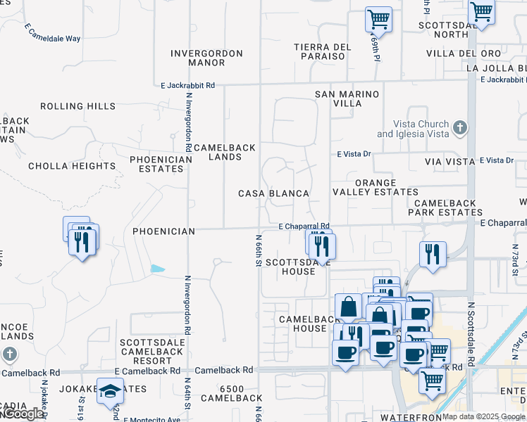map of restaurants, bars, coffee shops, grocery stores, and more near 5105 North 66th Street in Paradise Valley