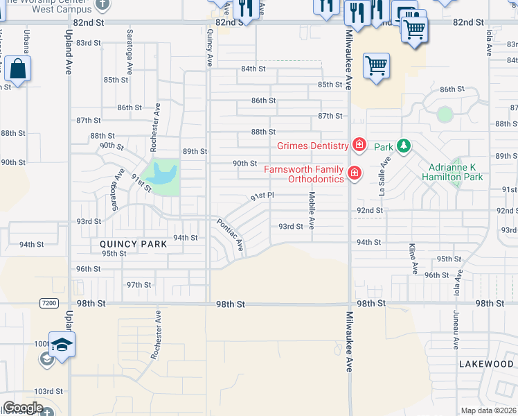 map of restaurants, bars, coffee shops, grocery stores, and more near 6706 92nd Street in Lubbock