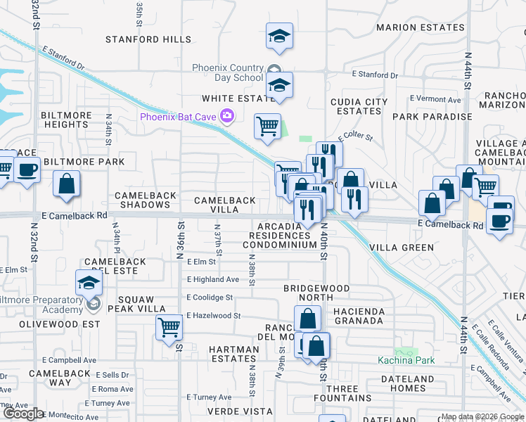map of restaurants, bars, coffee shops, grocery stores, and more near 5002 North 38th Place in Phoenix