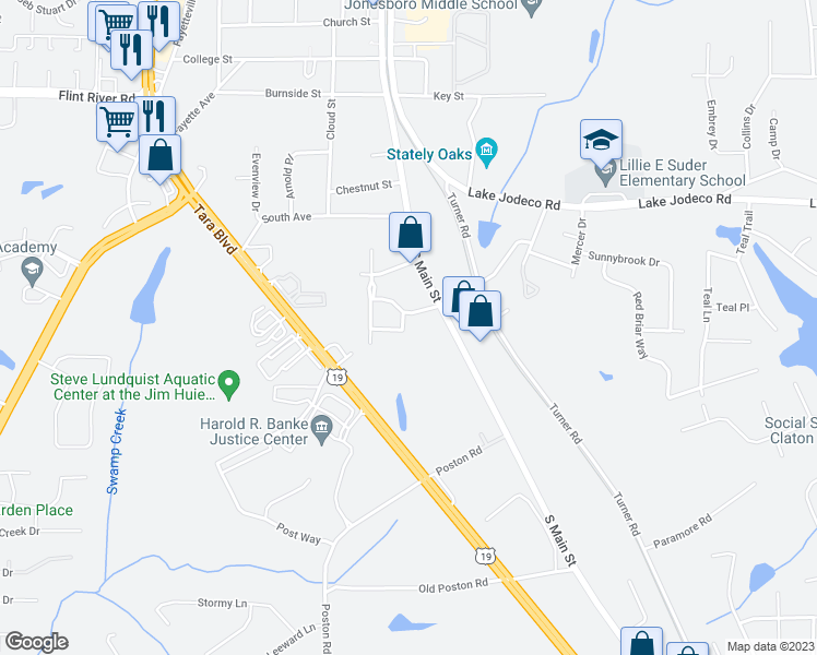map of restaurants, bars, coffee shops, grocery stores, and more near 401 Batiste Lane in Jonesboro