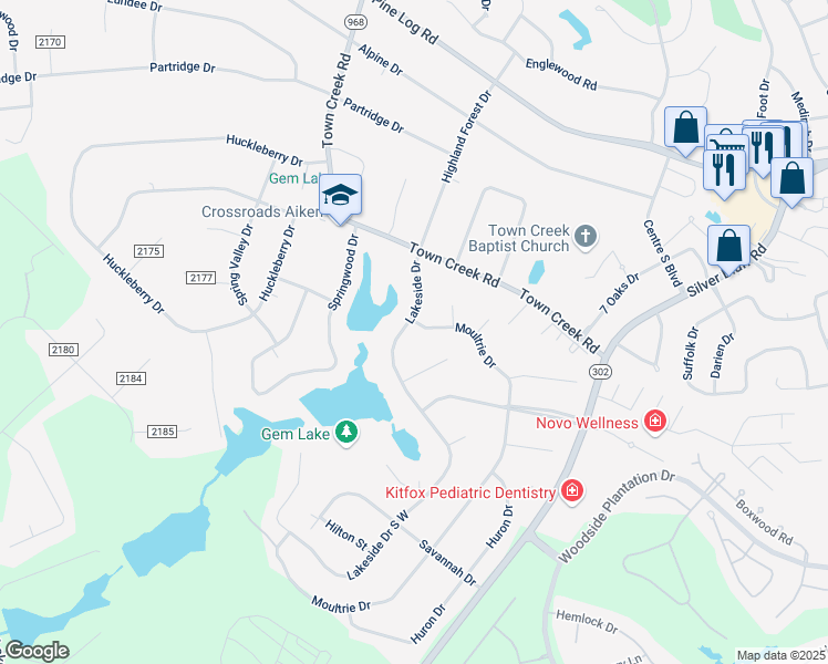 map of restaurants, bars, coffee shops, grocery stores, and more near 220 Lakeside Dr in Aiken