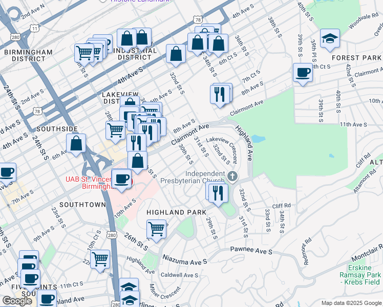 map of restaurants, bars, coffee shops, grocery stores, and more near 928 30th Alley in Birmingham