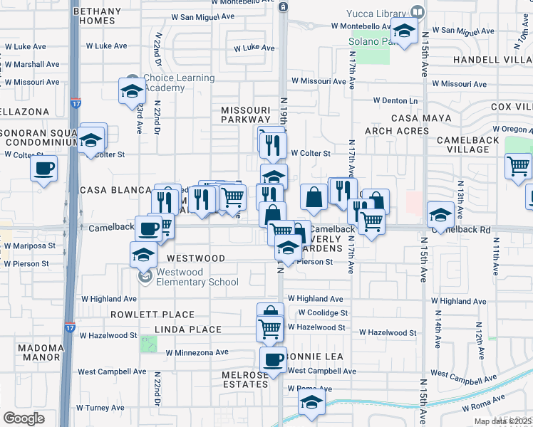 map of restaurants, bars, coffee shops, grocery stores, and more near 1920 West Camelback Road in Phoenix