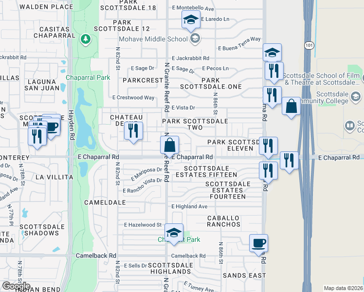 map of restaurants, bars, coffee shops, grocery stores, and more near 8458 East Chaparral Road in Scottsdale