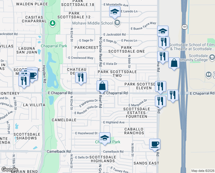 map of restaurants, bars, coffee shops, grocery stores, and more near 8458 East Chaparral Road in Scottsdale