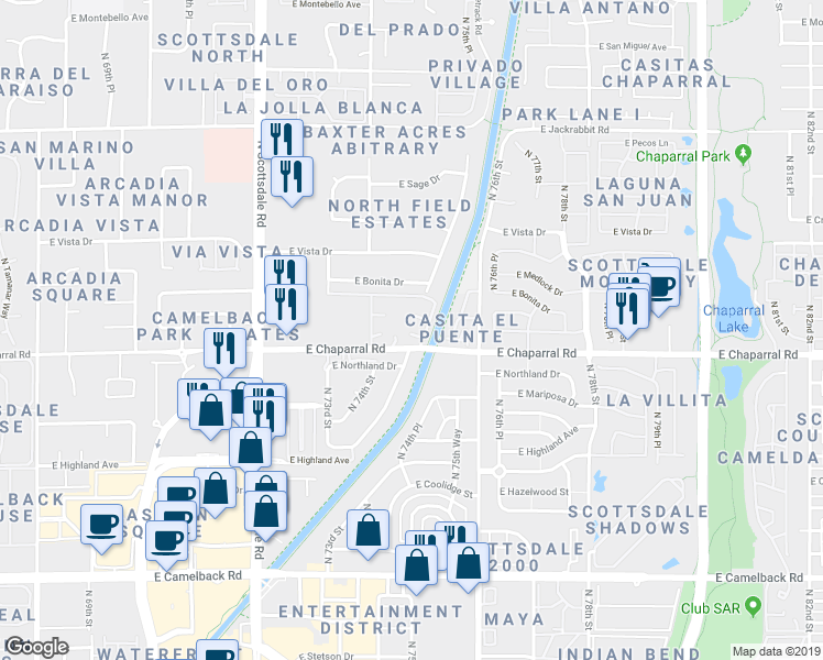 map of restaurants, bars, coffee shops, grocery stores, and more near 7436 East Chaparral Road in Scottsdale