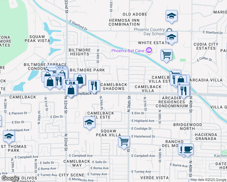 map of restaurants, bars, coffee shops, grocery stores, and more near 3444 East Camelback Road in Phoenix