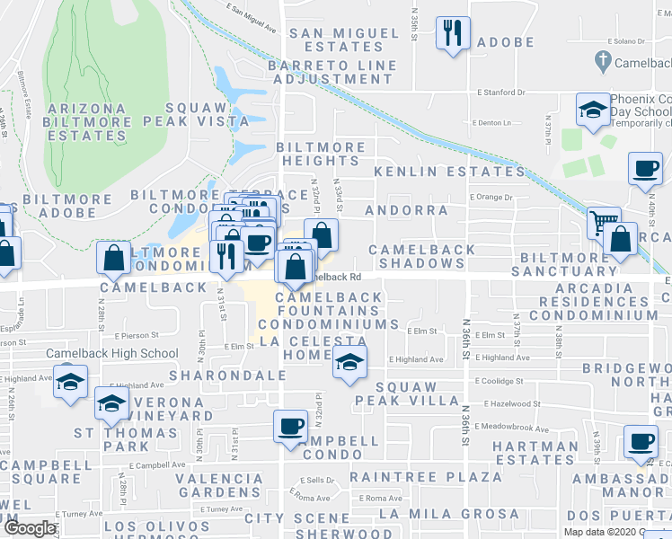 map of restaurants, bars, coffee shops, grocery stores, and more near 3234 East Camelback Road in Phoenix