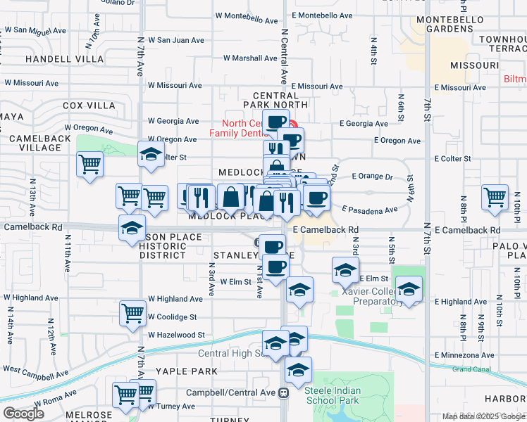 map of restaurants, bars, coffee shops, grocery stores, and more near 21 West Pasadena Avenue in Phoenix