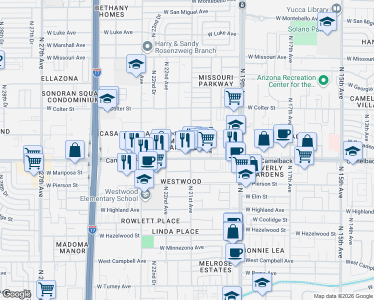 map of restaurants, bars, coffee shops, grocery stores, and more near 2050 West Camelback Road in Phoenix