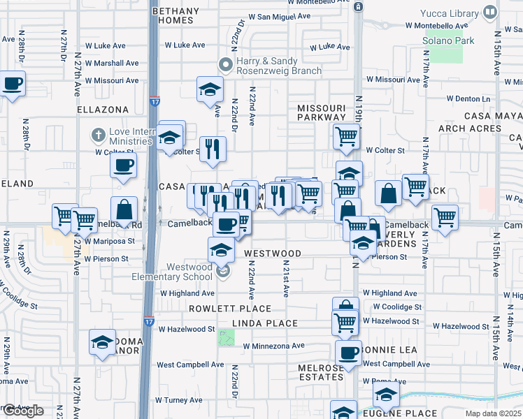 map of restaurants, bars, coffee shops, grocery stores, and more near 2132 West Camelback Road in Phoenix