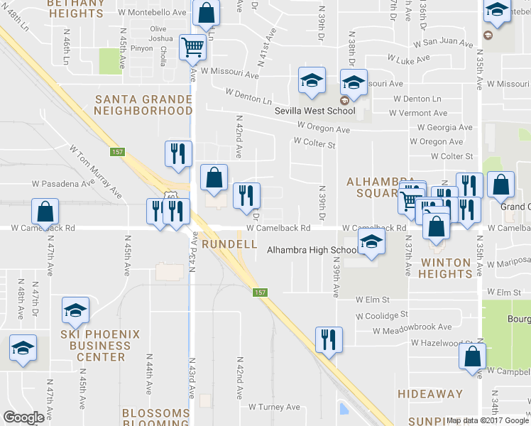 map of restaurants, bars, coffee shops, grocery stores, and more near in Phoenix