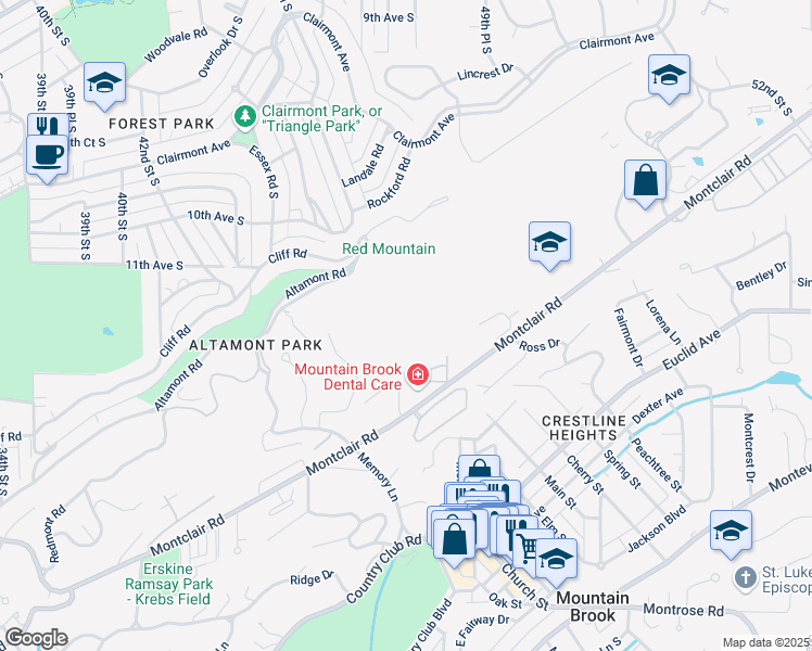 map of restaurants, bars, coffee shops, grocery stores, and more near 3920 Montclair Road in Birmingham