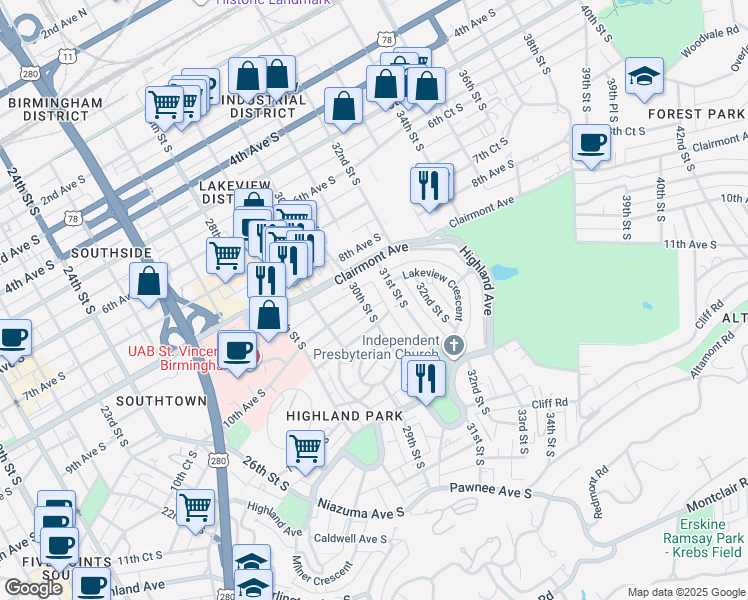 map of restaurants, bars, coffee shops, grocery stores, and more near 928 30th Alley in Birmingham