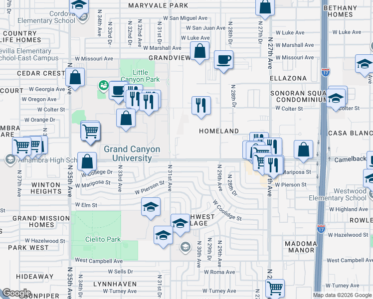 map of restaurants, bars, coffee shops, grocery stores, and more near 3010 West Camelback Road in Phoenix