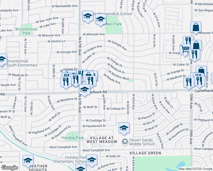 map of restaurants, bars, coffee shops, grocery stores, and more near 5009 North 64th Lane in Glendale