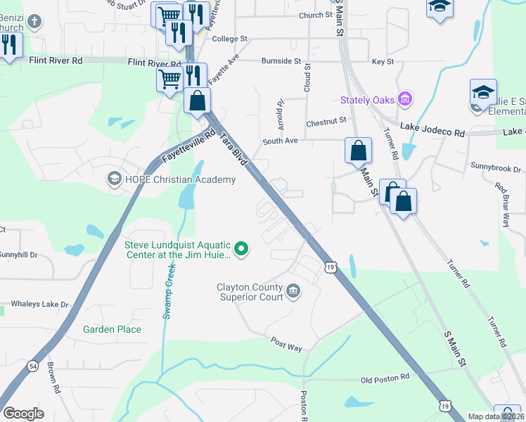 map of restaurants, bars, coffee shops, grocery stores, and more near 8871 Tara Boulevard in Jonesboro