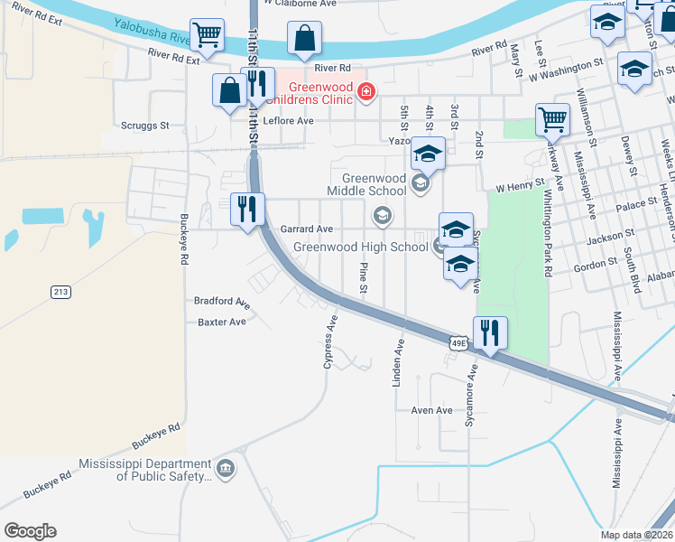 map of restaurants, bars, coffee shops, grocery stores, and more near 616 Cypress Ave in Greenwood