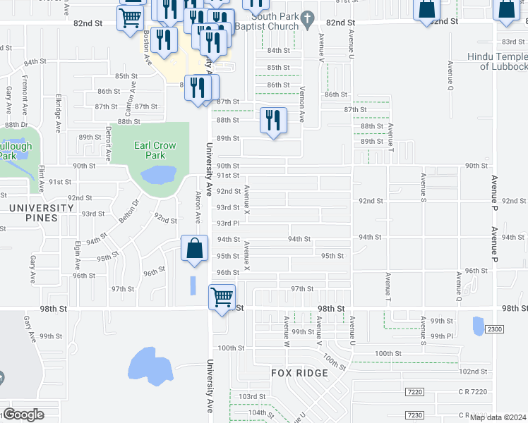 map of restaurants, bars, coffee shops, grocery stores, and more near 2315 93rd Street in Lubbock