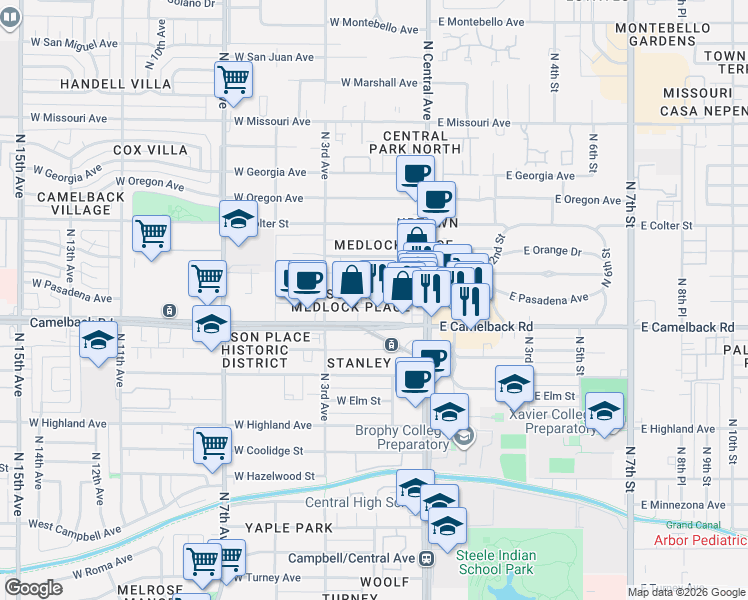map of restaurants, bars, coffee shops, grocery stores, and more near 21 West Pasadena Avenue in Phoenix