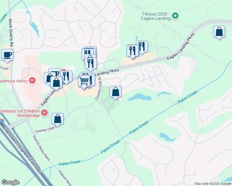 map of restaurants, bars, coffee shops, grocery stores, and more near 425 Country Club Drive in Stockbridge