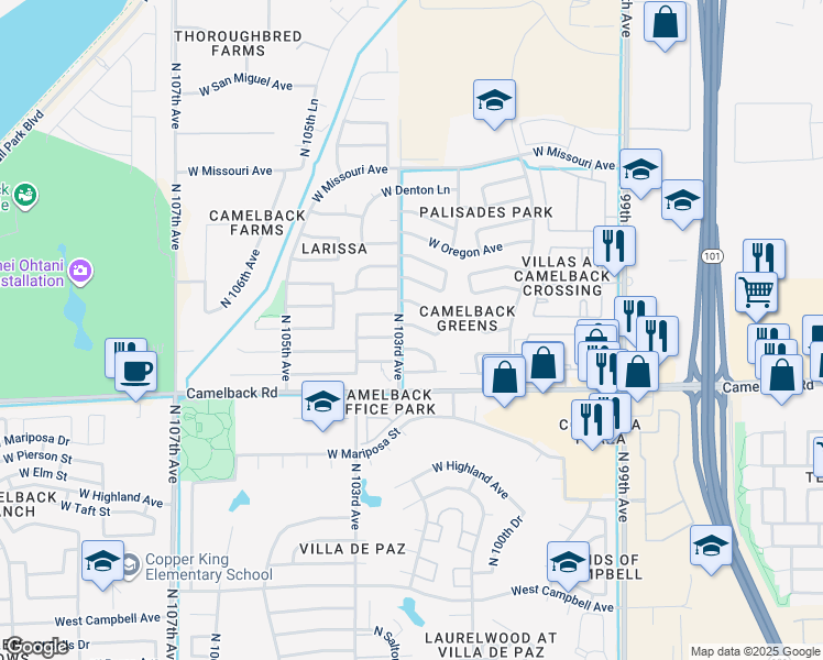 map of restaurants, bars, coffee shops, grocery stores, and more near 10249 West Windsor Boulevard in Glendale