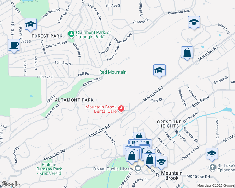 map of restaurants, bars, coffee shops, grocery stores, and more near 3920 Montclair Road in Birmingham