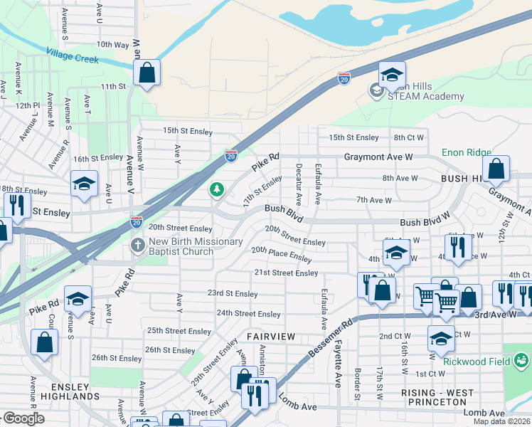 map of restaurants, bars, coffee shops, grocery stores, and more near 2701 Bush Boulevard in Birmingham