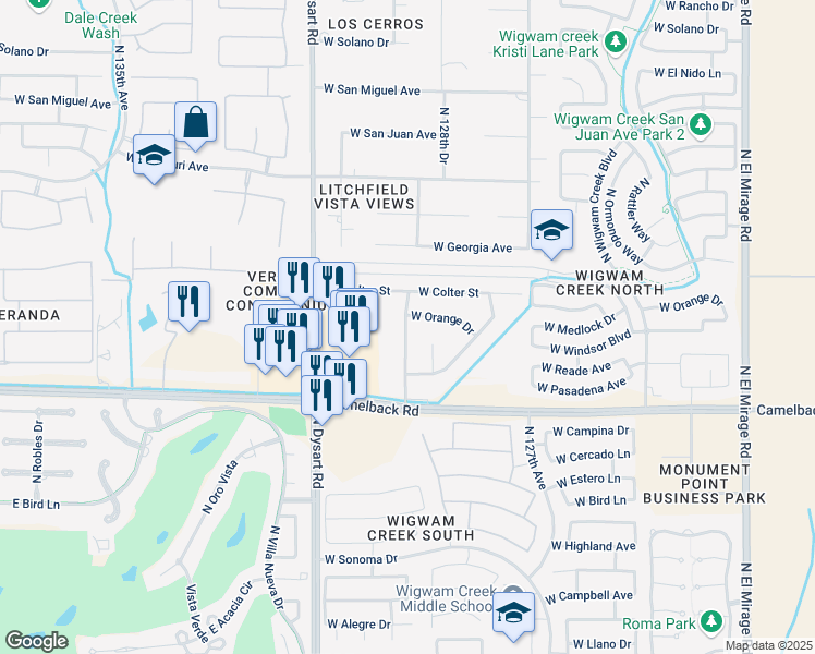 map of restaurants, bars, coffee shops, grocery stores, and more near 5117 North 129th Avenue in Litchfield Park