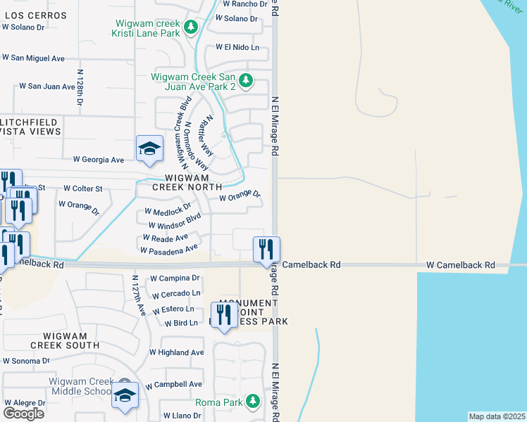 map of restaurants, bars, coffee shops, grocery stores, and more near 12311 West Medlock Drive in Litchfield Park