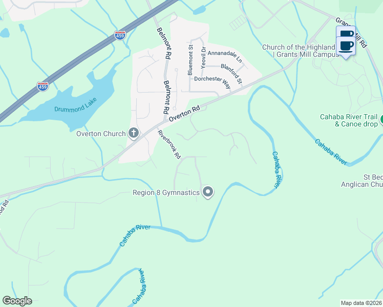 map of restaurants, bars, coffee shops, grocery stores, and more near 4146 Riverbrook Road in Irondale