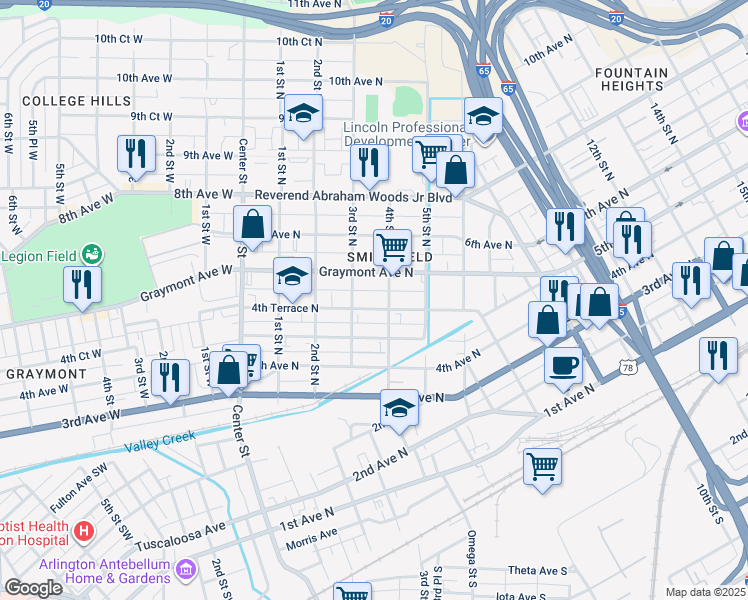map of restaurants, bars, coffee shops, grocery stores, and more near 316 4th Terrace North in Birmingham