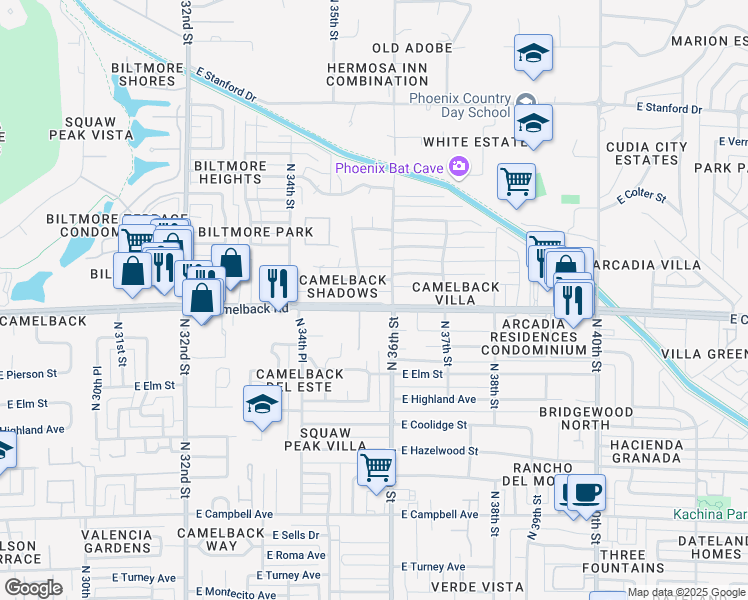 map of restaurants, bars, coffee shops, grocery stores, and more near 3532 East Camelback Road in Phoenix