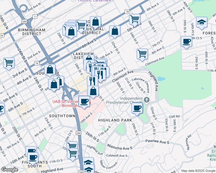 map of restaurants, bars, coffee shops, grocery stores, and more near 2901 Clairmont Avenue in Birmingham