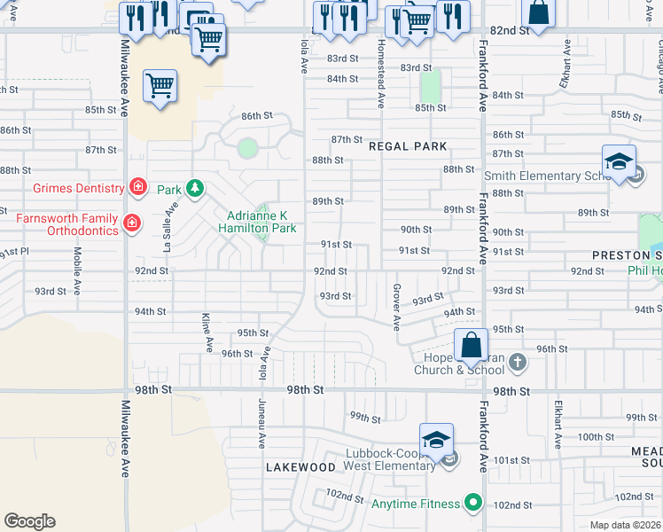 map of restaurants, bars, coffee shops, grocery stores, and more near 92nd Street in Lubbock