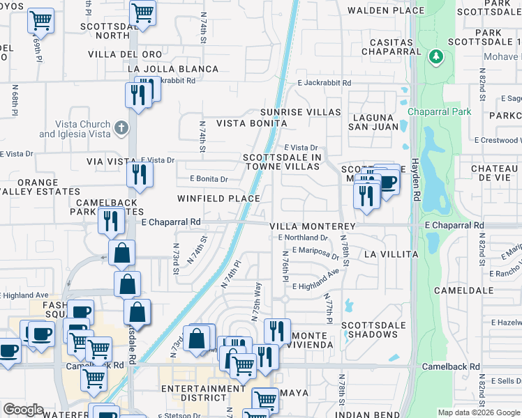 map of restaurants, bars, coffee shops, grocery stores, and more near 5100 North Miller Road in Scottsdale