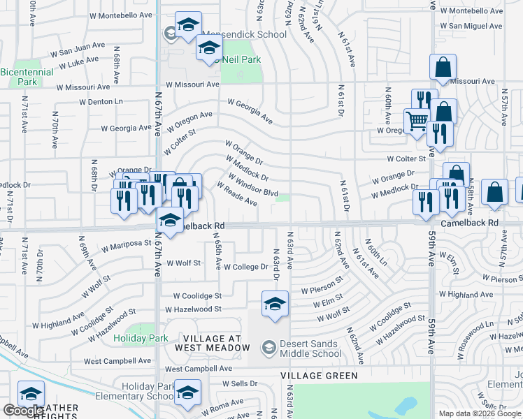 map of restaurants, bars, coffee shops, grocery stores, and more near 5009 North 64th Avenue in Glendale